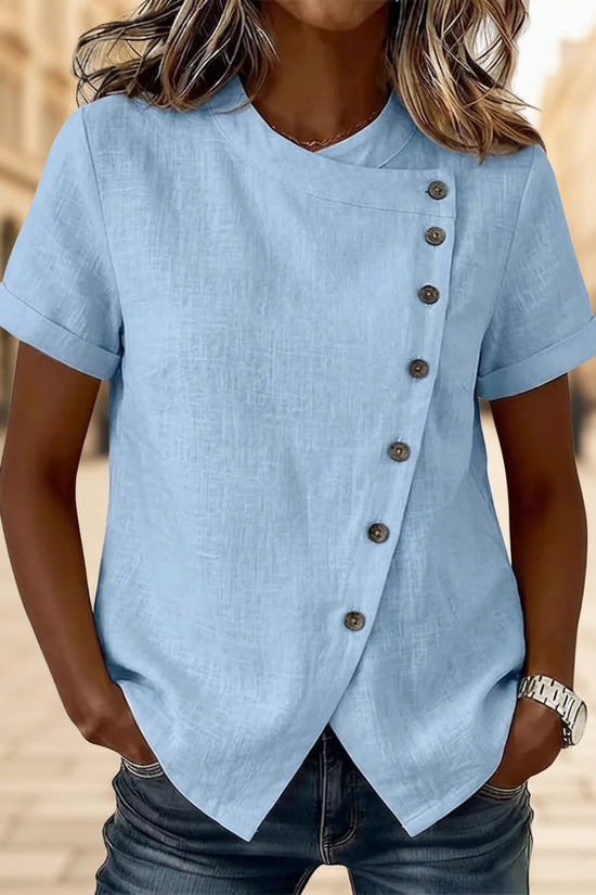 New Solid-Color Cross-Neckline Short-Sleeve Loose Cotton-Linen Asymmetrical Top 