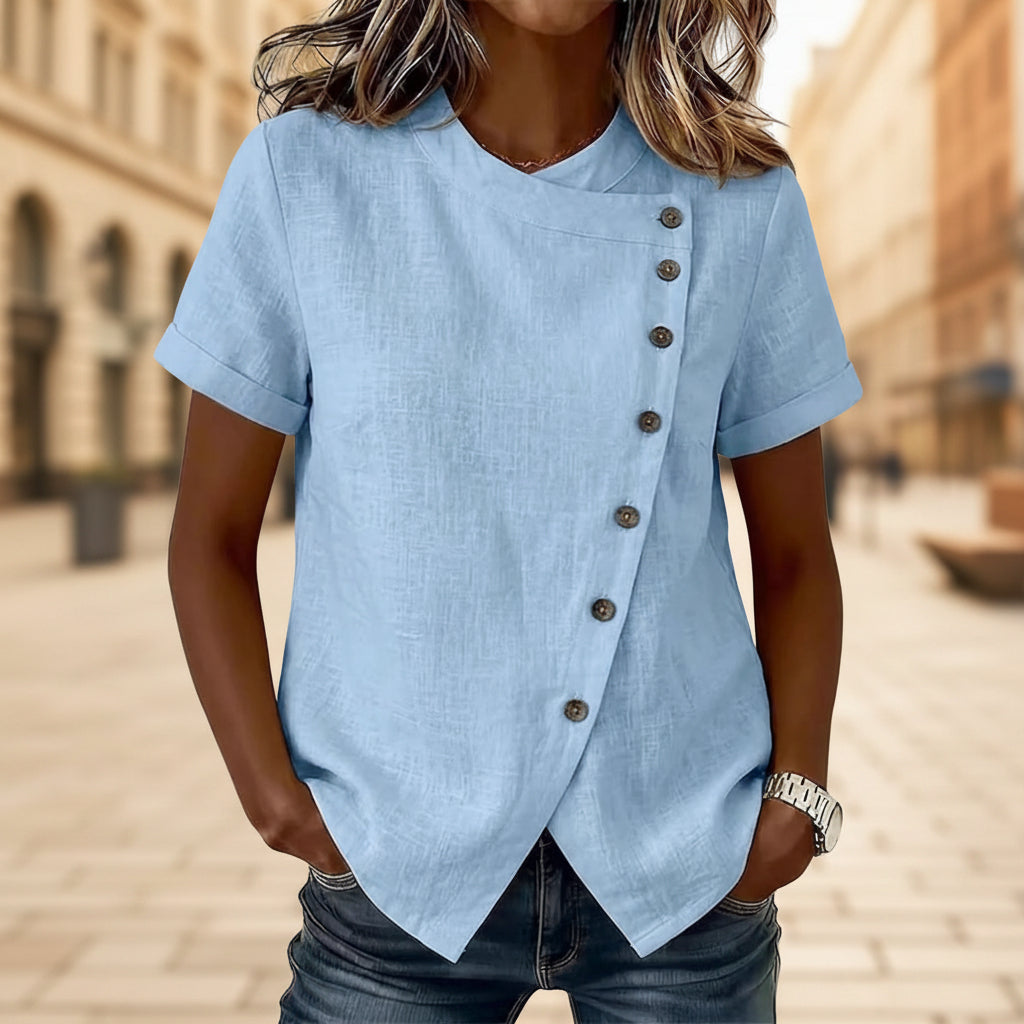 New Solid-Color Cross-Neckline Short-Sleeve Loose Cotton-Linen Asymmetrical Top 