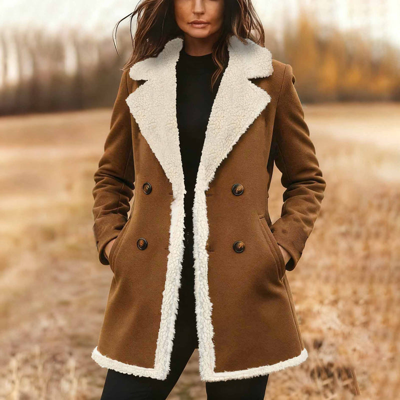 Women's Suede-Look Trench Coat, Classic Notch Lapel Double-Breasted Jacket With Pockets And Plush Lining 