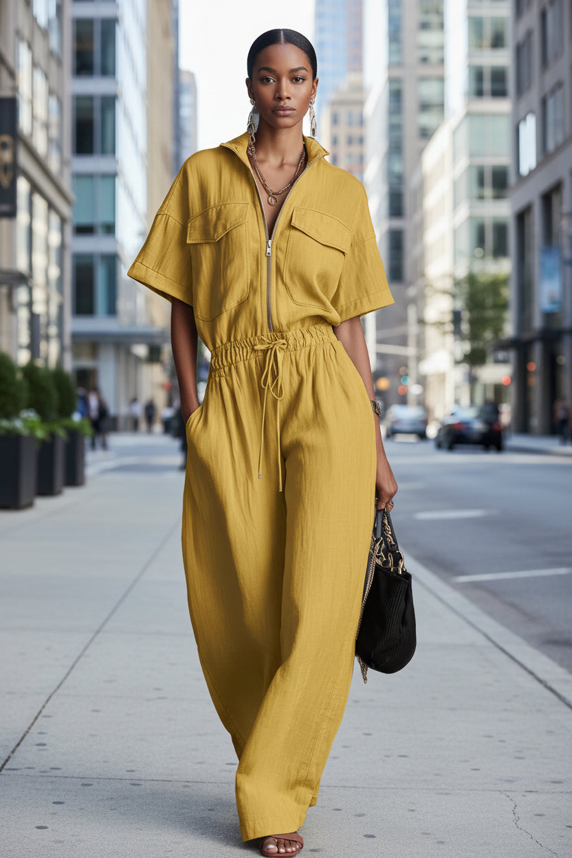 Stand-up Collar Sleeveless Casual Loose-fit Cotton-linen Jumpsuit 