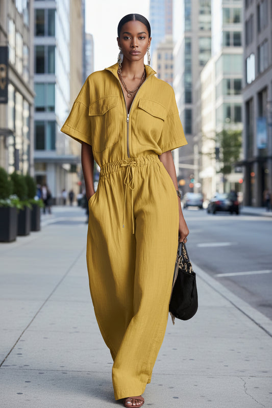 Stand-up Collar Sleeveless Casual Loose-fit Cotton-linen Jumpsuit 