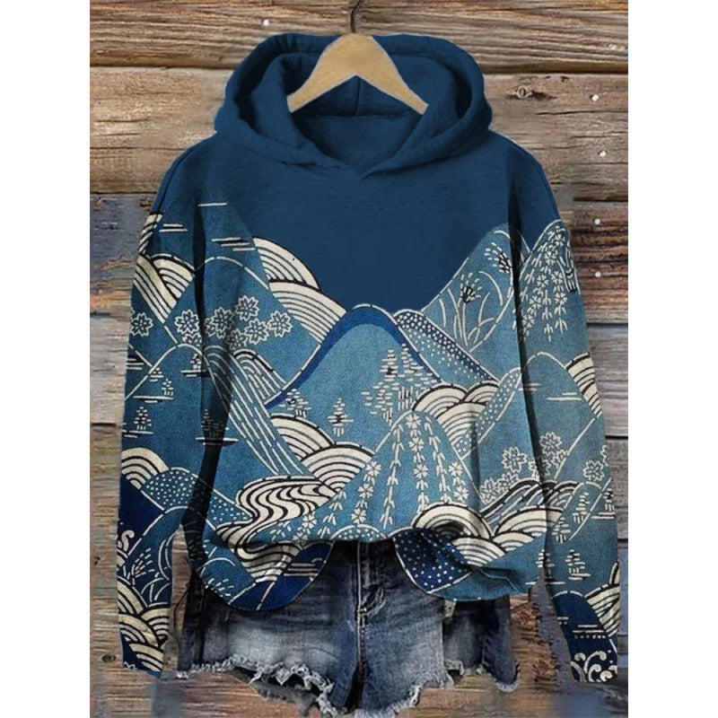 Womens Printed Hooded Long-Sleeve Pullover Sweatshirt 