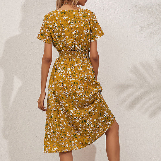 Women's V-Neck Floral Print Dress - A-Line Waisted Summer Maxi Dress CJ US