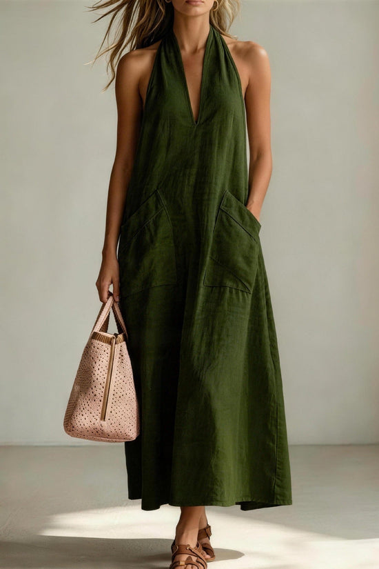 Cotton Halterneck Sleeveless Deep V-Neck Loose Straight-Line Dress 