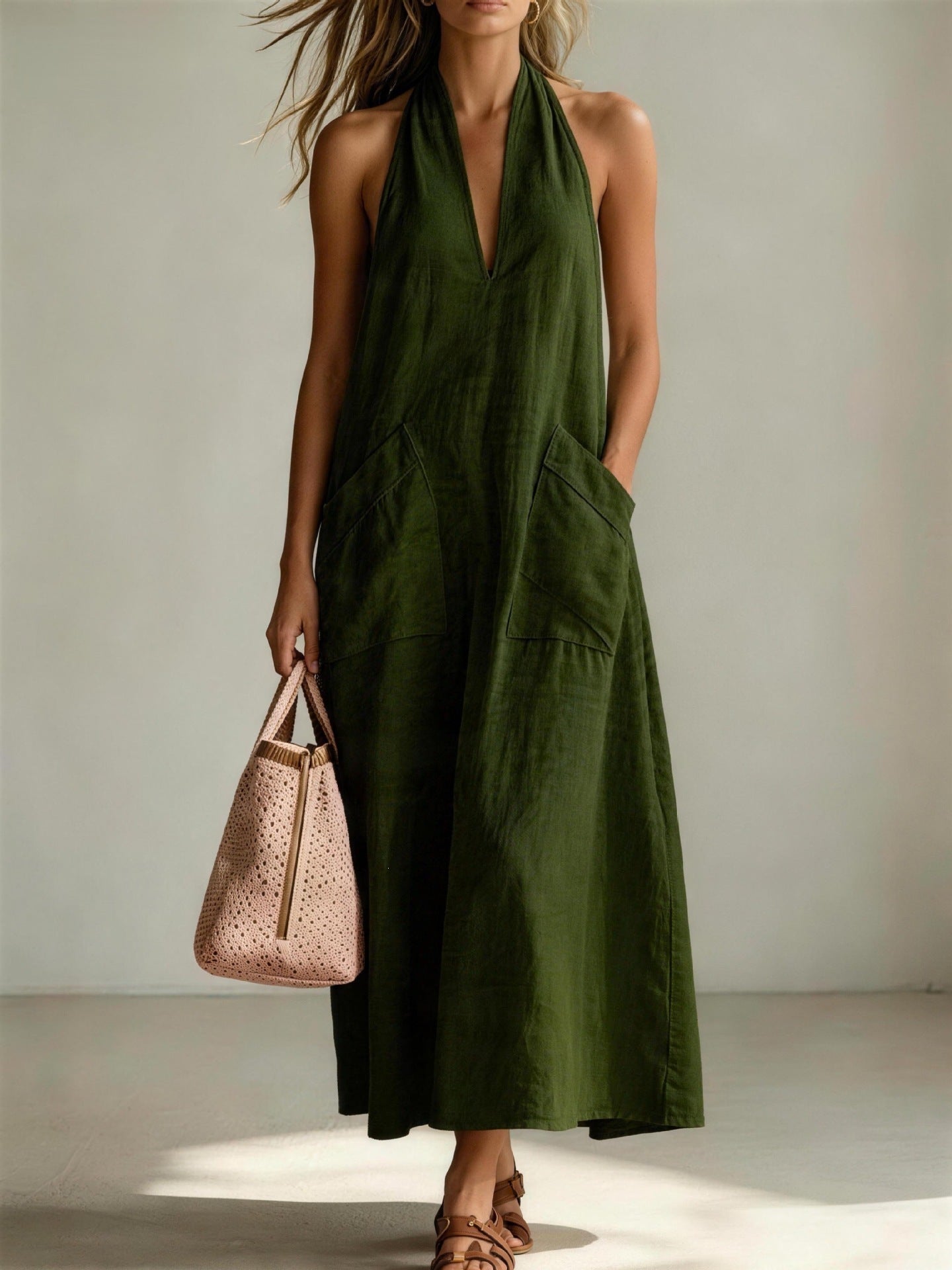 Cotton Halterneck Sleeveless Deep V-Neck Loose Straight-Line Dress 