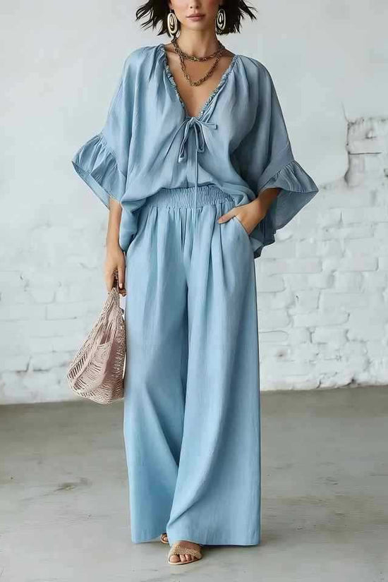 Loose-fit Cotton-linen V-neck Wide-leg Pants Two-piece Set 