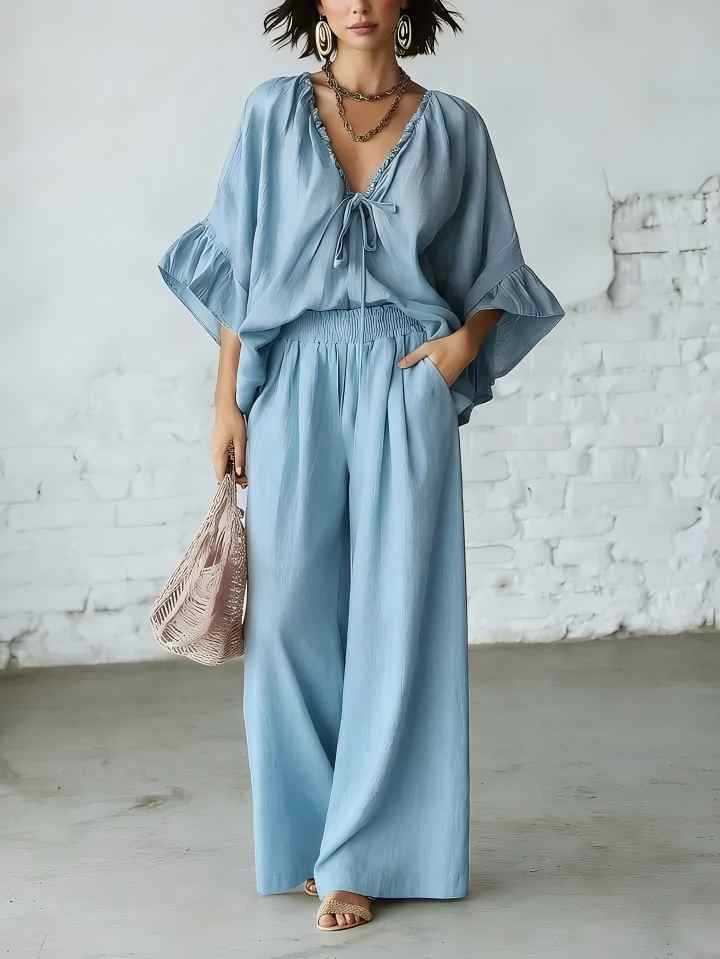 Loose-fit Cotton-linen V-neck Wide-leg Pants Two-piece Set 