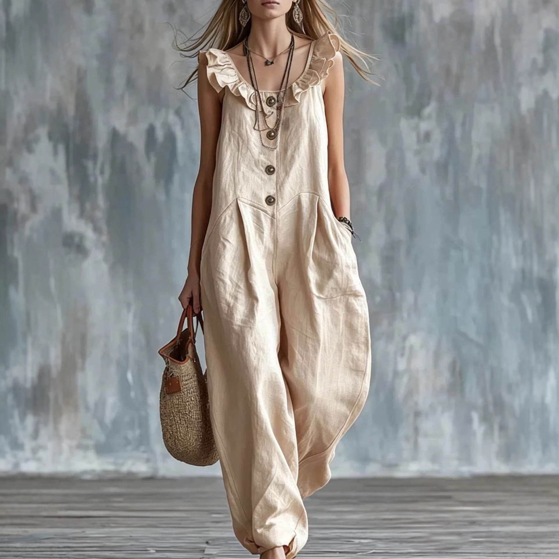 Womens Solid-Colored Sleeveless Button-Down Jumpsuit 