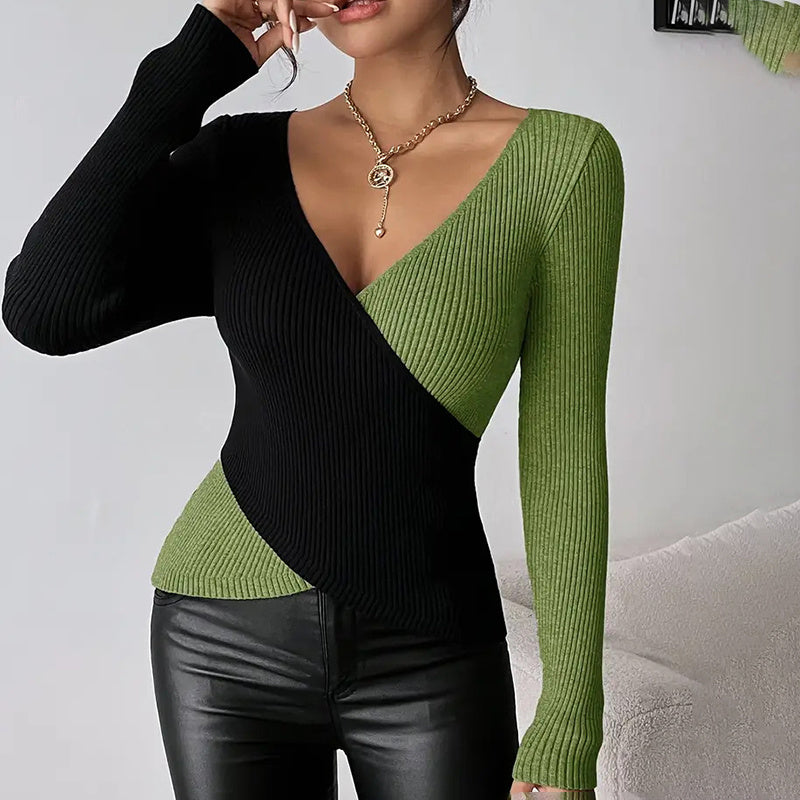 Women's Elegant V-Neck Cross Front Sweater, Color Block Knit Top For Spring And Fall Layering CJ US