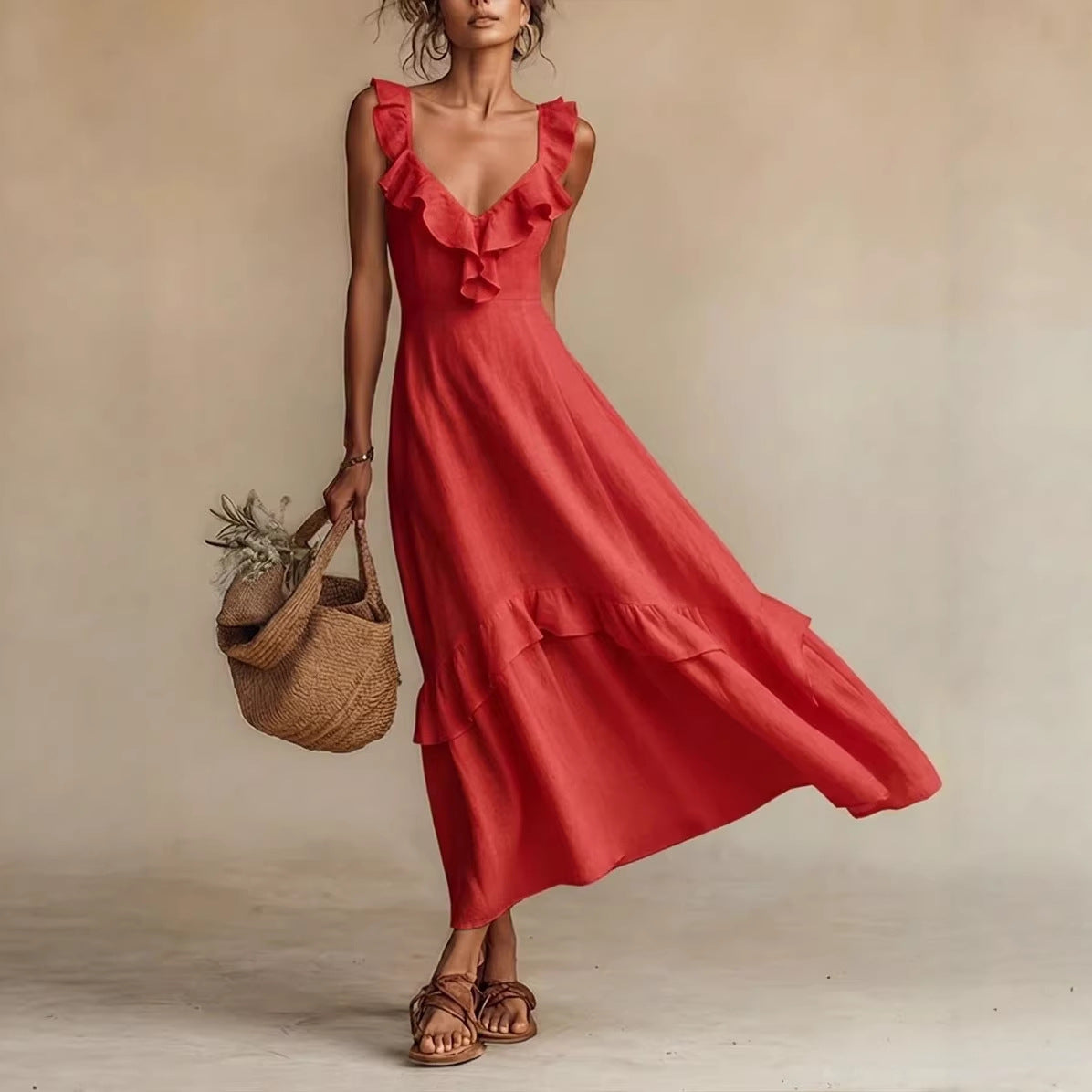 Elegant And Chic Cotton-Linen Dress With Ruffled Flutter Sleeves And A Flowing Hem 