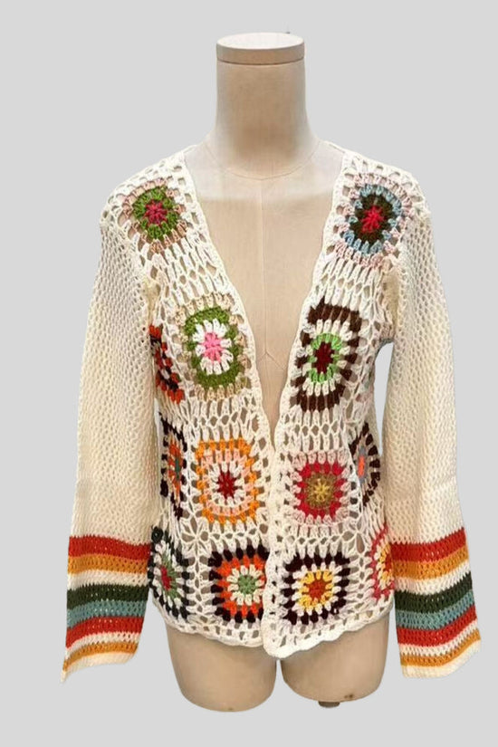 Hand-crocheted Floral Sweater With Random Color Blocks 