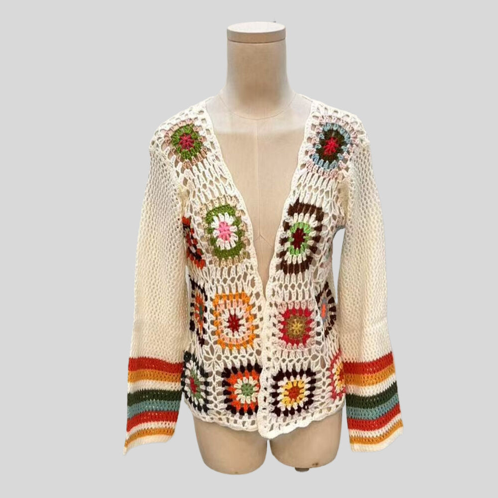 Hand-crocheted Floral Sweater With Random Color Blocks 