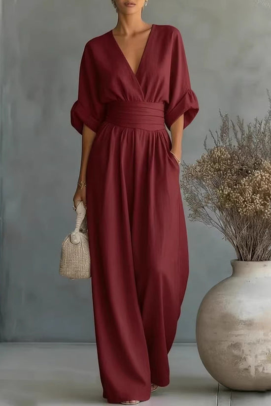 Summer Short-sleeved Jumpsuit Fashion Casual V-Neck Wide-Leg Pants Womens Clothing 