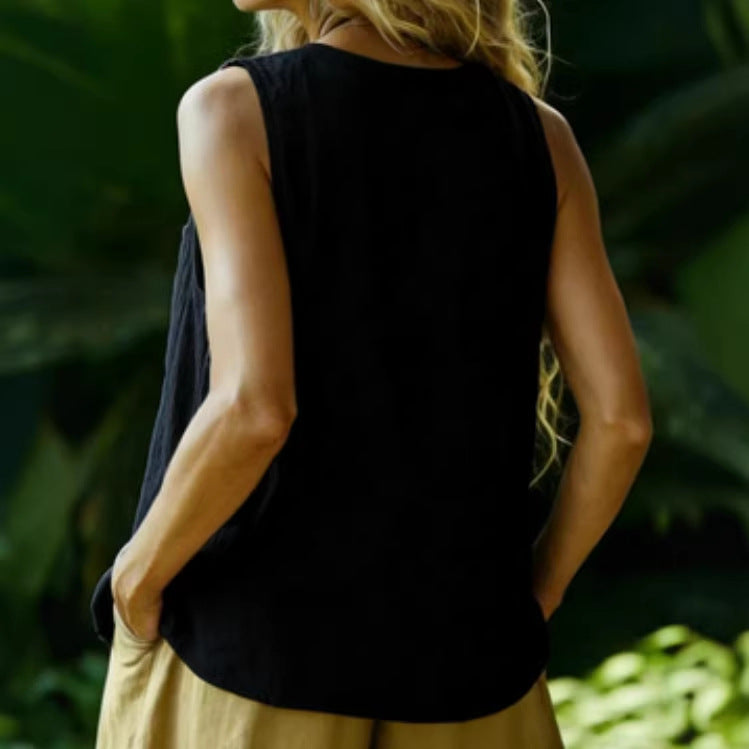 Women's Cotton-Linen Sleeveless Fashionable Casual Shirt 