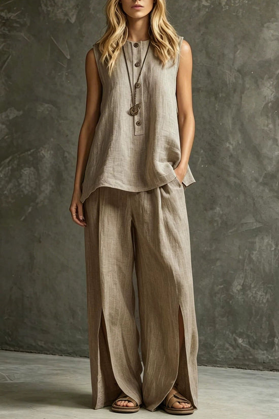 Womens Loose Sleeveless Tank Top And Slit Wide-Leg Pants Set 