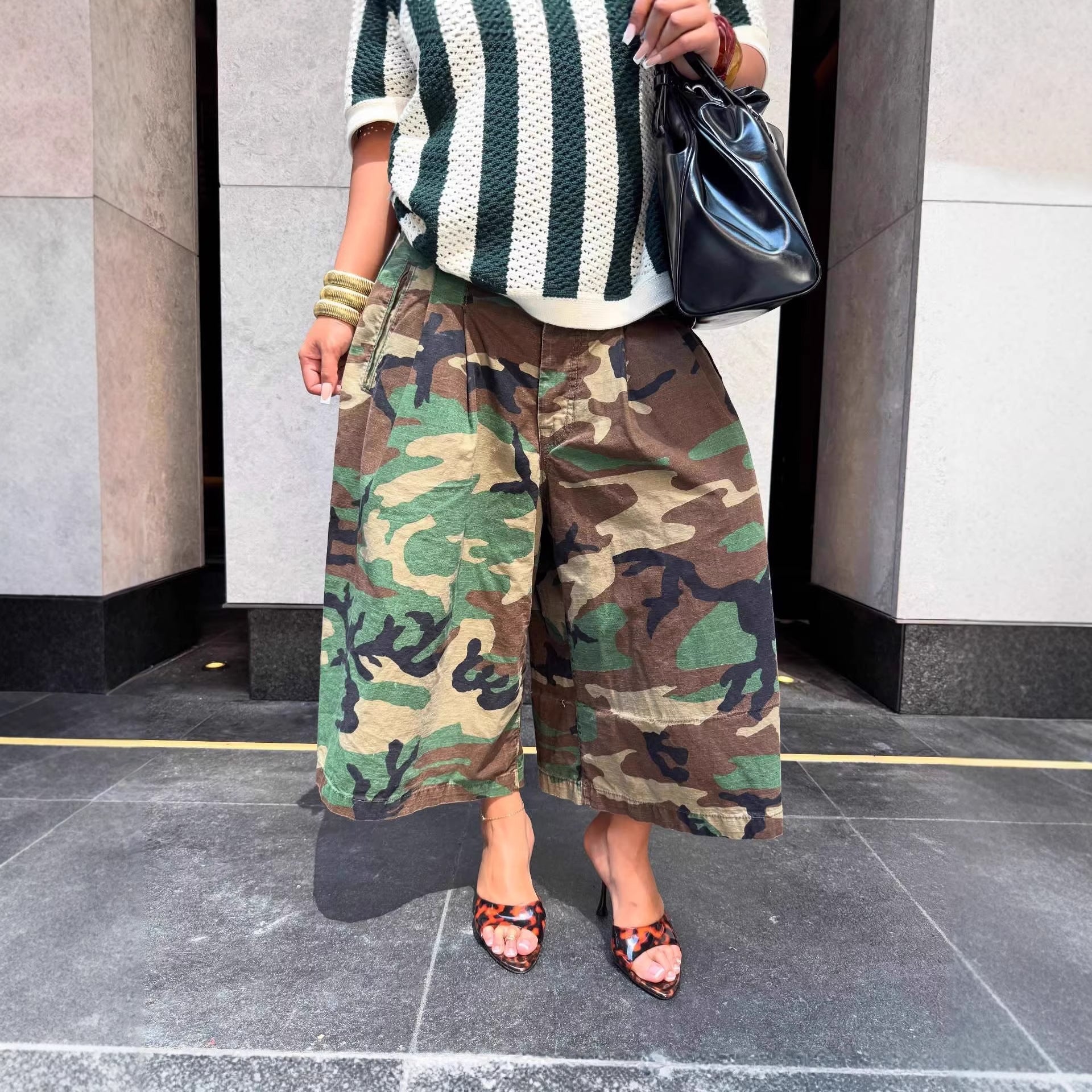 Fashionable Casual Camouflage Workwear-style Loose Wide-leg Pants 