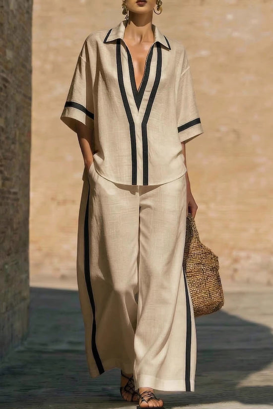Fashionable Loose Casual Color-Block Short-Sleeve Shirt And Wide-Leg Pants Two-Piece Set 