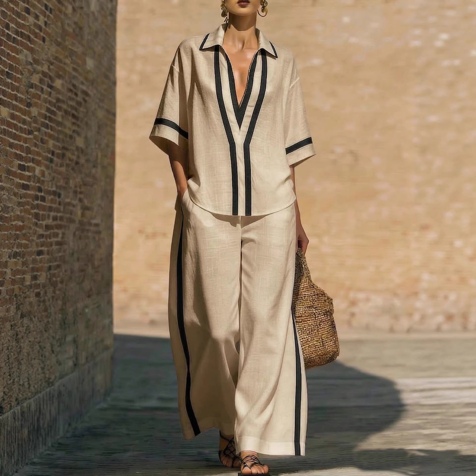 Fashionable Loose Casual Color-Block Short-Sleeve Shirt And Wide-Leg Pants Two-Piece Set 