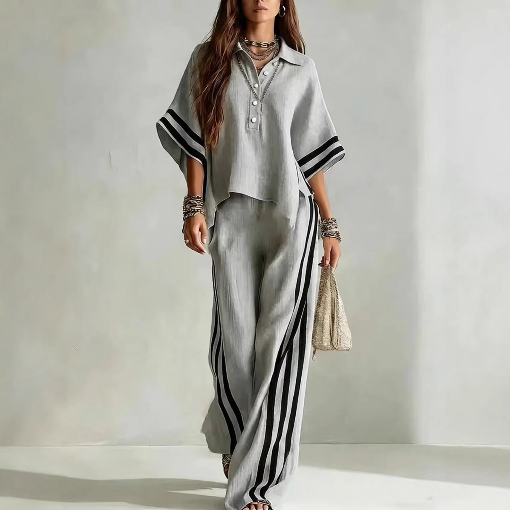 Womens Clothing Short-Sleeve Shirt And Loose Pants Two-Piece Set 