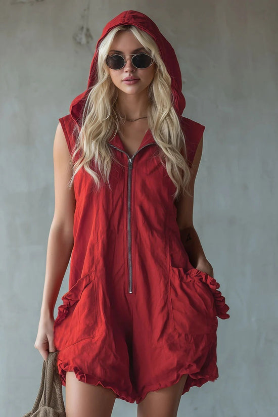 Retro-style Hooded Zip-up Sleeveless Cropped Cotton-linen Jumpsuit 