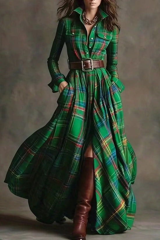 Ins Plaid Print Long-Sleeved Dress Fashion Pockets Collared Buttons Shirt Long Dresses Retro Women's Clothing 