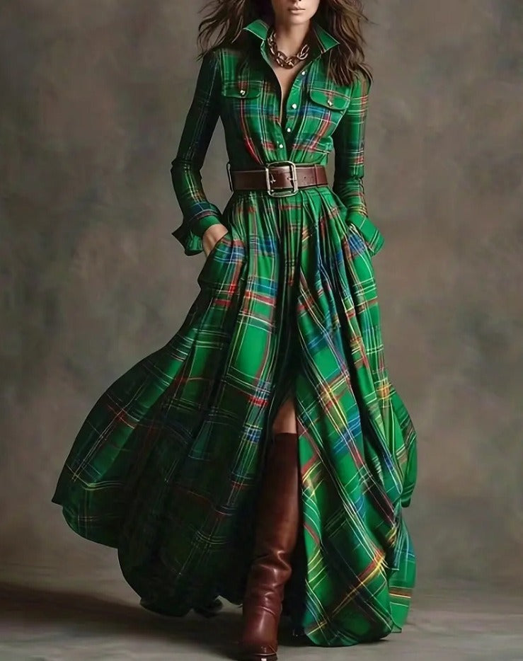 Ins Plaid Print Long-Sleeved Dress Fashion Pockets Collared Buttons Shirt Long Dresses Retro Women's Clothing 