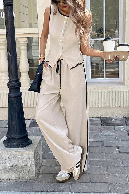 Women's Contrast Color Sleeveless Single-breasted Vest And Drawstring Trousers Suit 