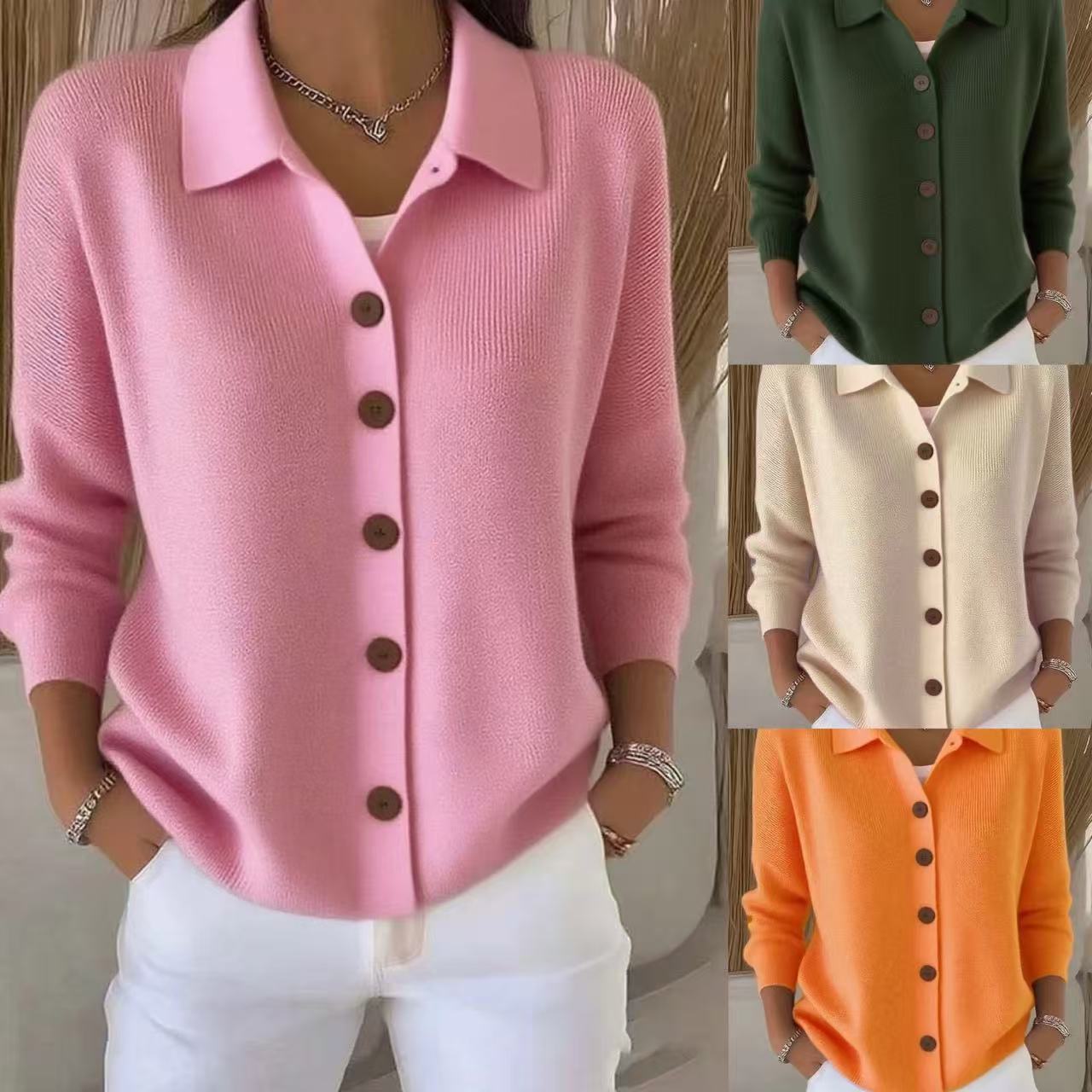 Button-knitted Lapel Sweater Cardigan Coat For Women 