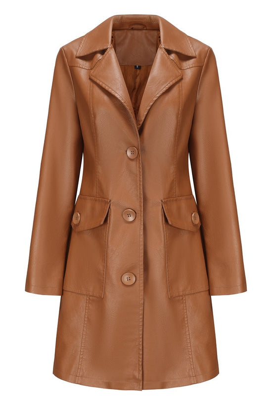 Long Leather Trench Coat Fashionable Outerwear For Women 