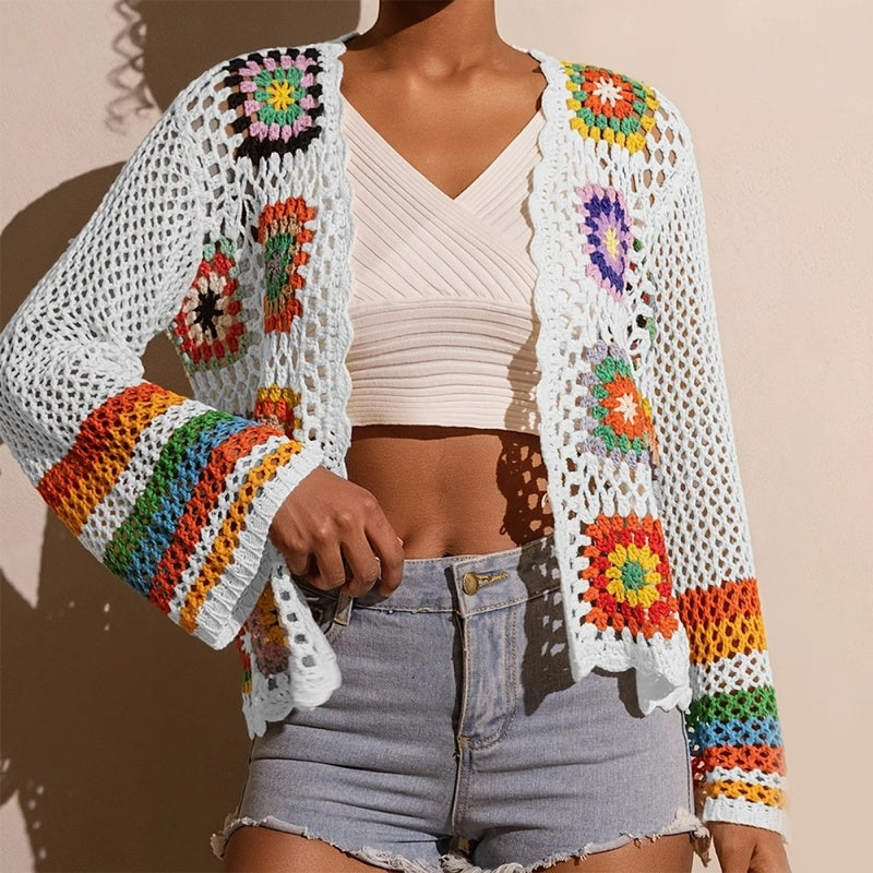 Women's Elegant Crochet Cardigan - Long Sleeve Open Front Vibrant Color Block Coat CJ
