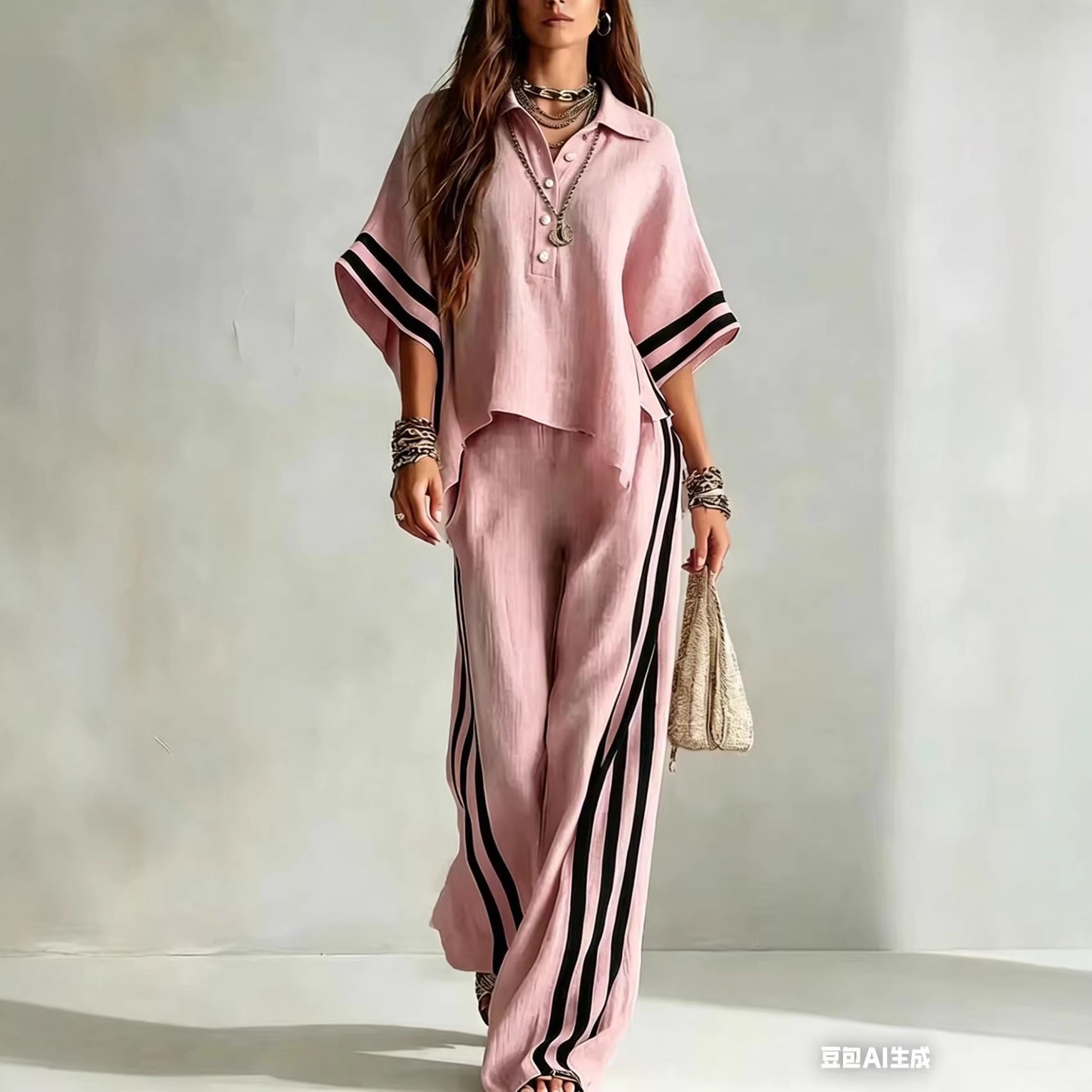 Womens Clothing Short-Sleeve Shirt And Loose Pants Two-Piece Set 