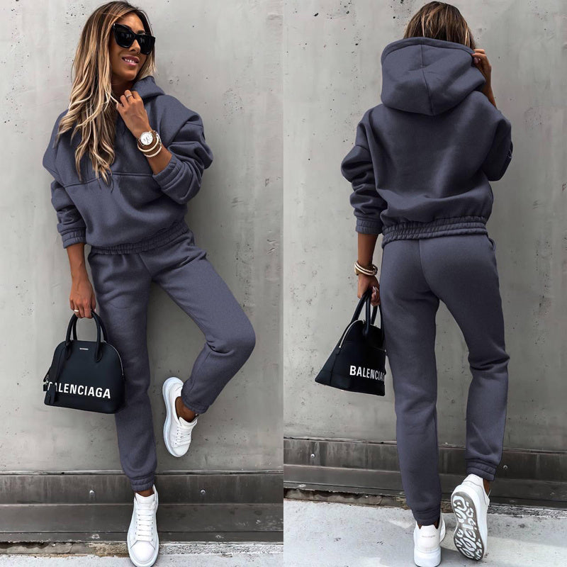 Women's Casual 2-Piece Tracksuit, Solid Color Hooded Sweatshirt And Slim Fit Jogger Pants For Autumn And Winter Diversi Fashion™