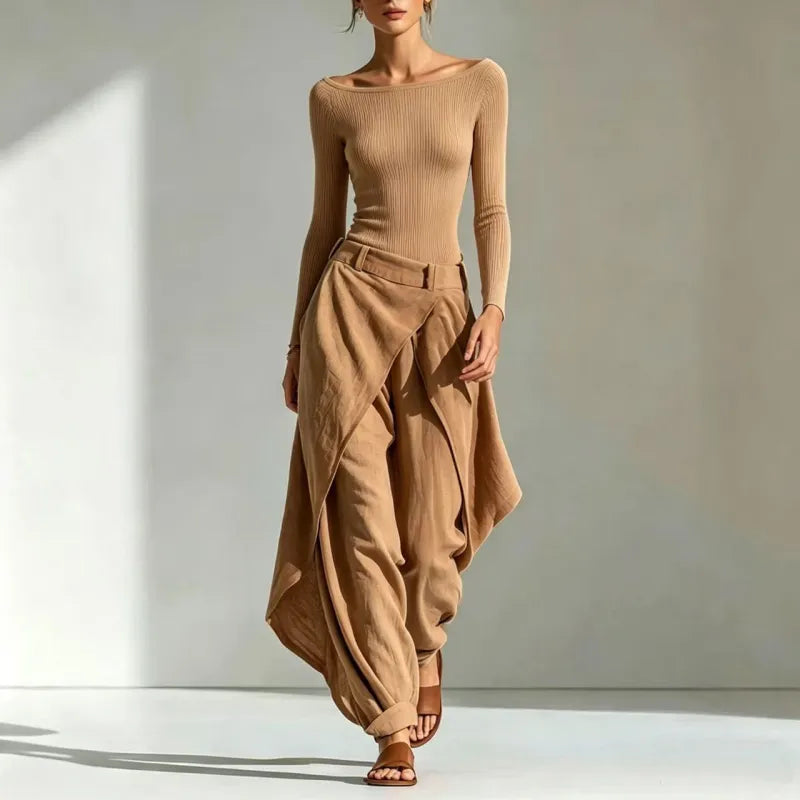 Women's Off-Shoulder Slim Top & Draped Wide Leg Pants Two-Piece Set 