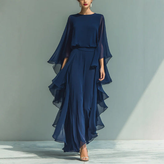 Deep Blue Ruffle Wide-Leg Pants Set for Women, Fashion Elegant Two-Piece Long Sleeve Casual Pants 