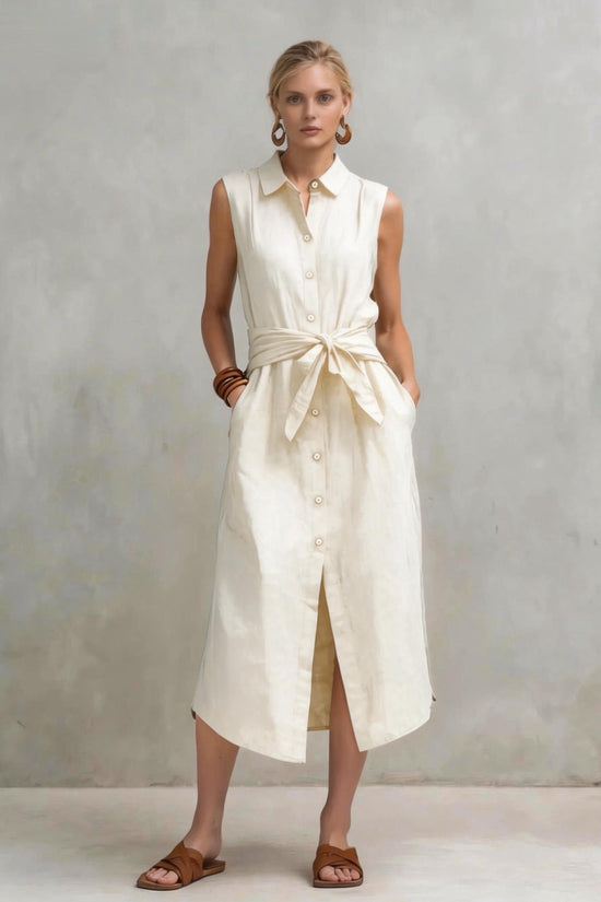 Casual Cotton-Linen Bag-Style Solid-Colored Sleeveless Dress 