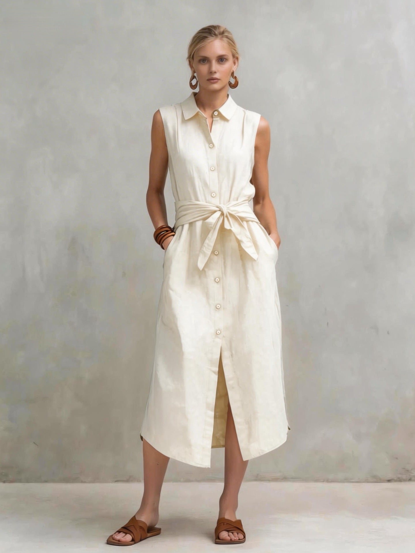 Casual Cotton-Linen Bag-Style Solid-Colored Sleeveless Dress 