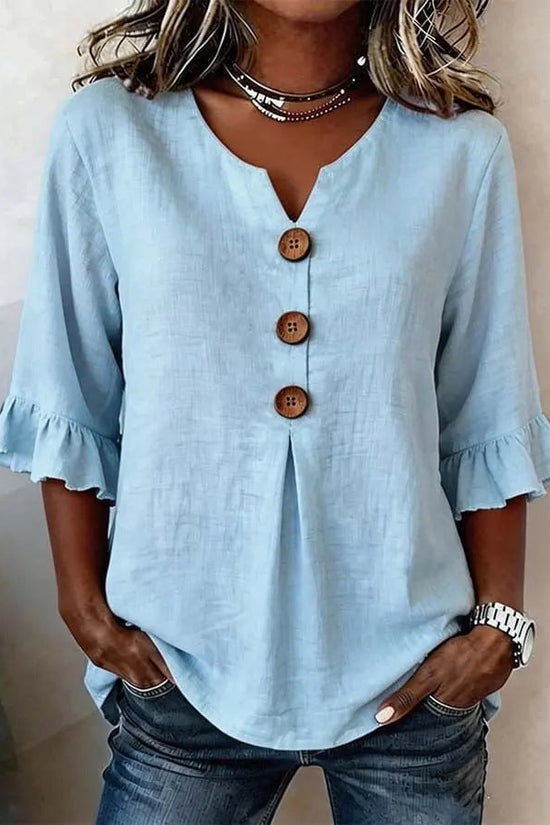 Fashionable Cotton Linen V-Neck Button-Up Blouse for Women Summer Casual Top 