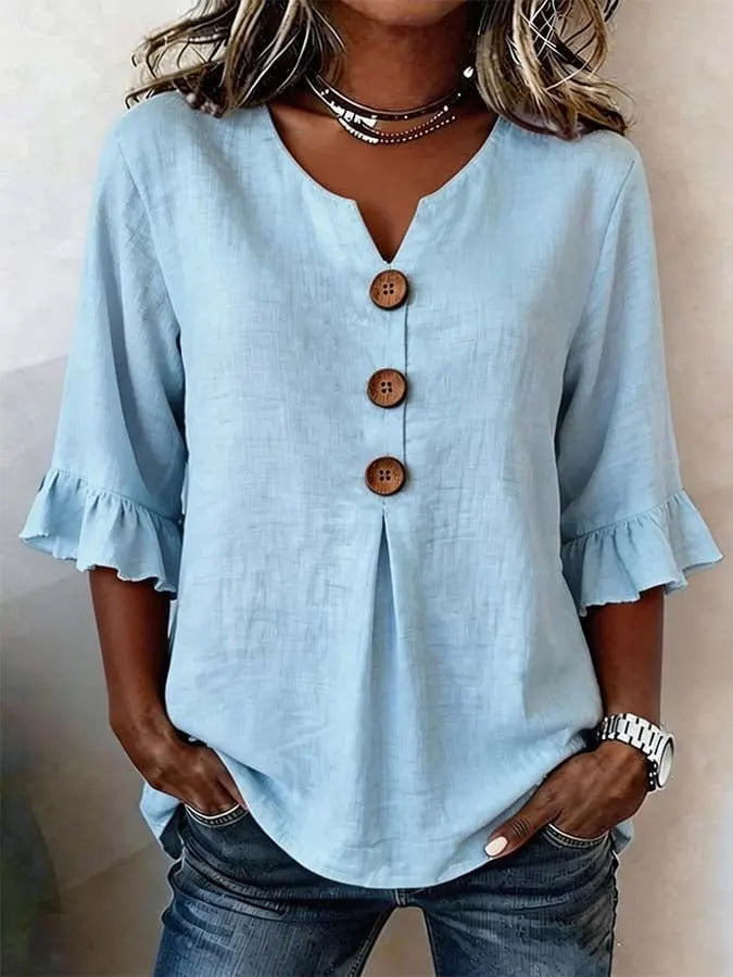 Fashionable Cotton Linen V-Neck Button-Up Blouse for Women Summer Casual Top 