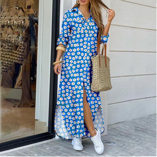 Lapel-collar Long Shirt Dress For Women 