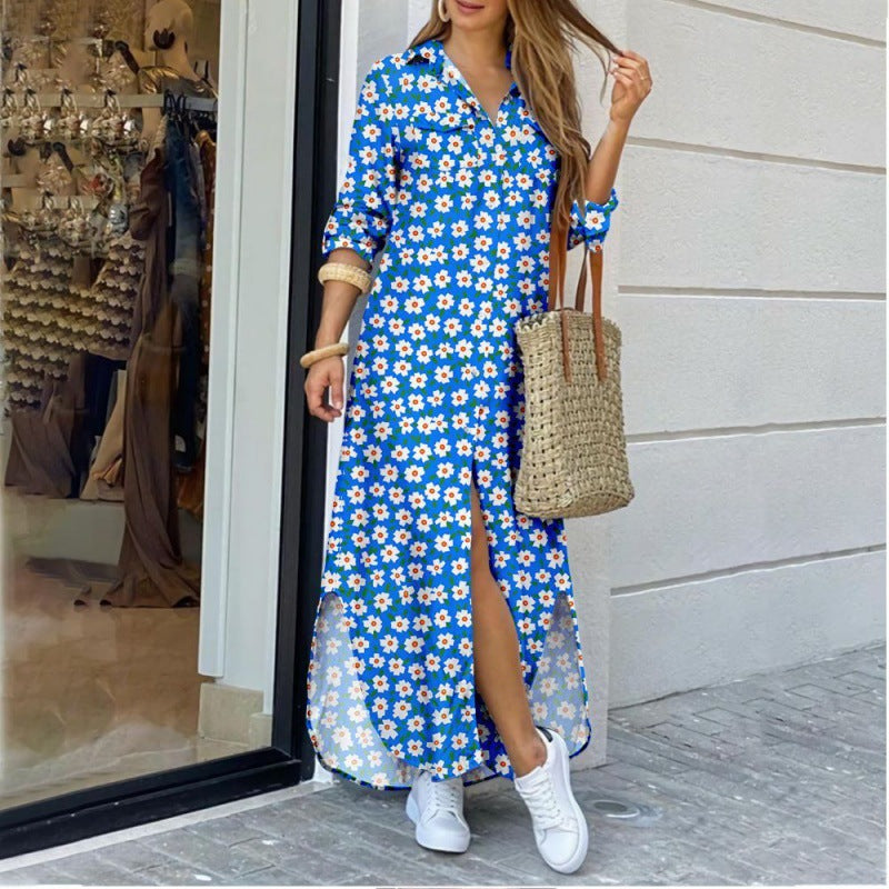 Lapel-collar Long Shirt Dress For Women 