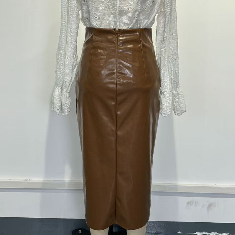 Women's Faux Leather Bodycon Skirt - High Waisted Slim Fit Midi Skirt With Front Slit & Button Decor 