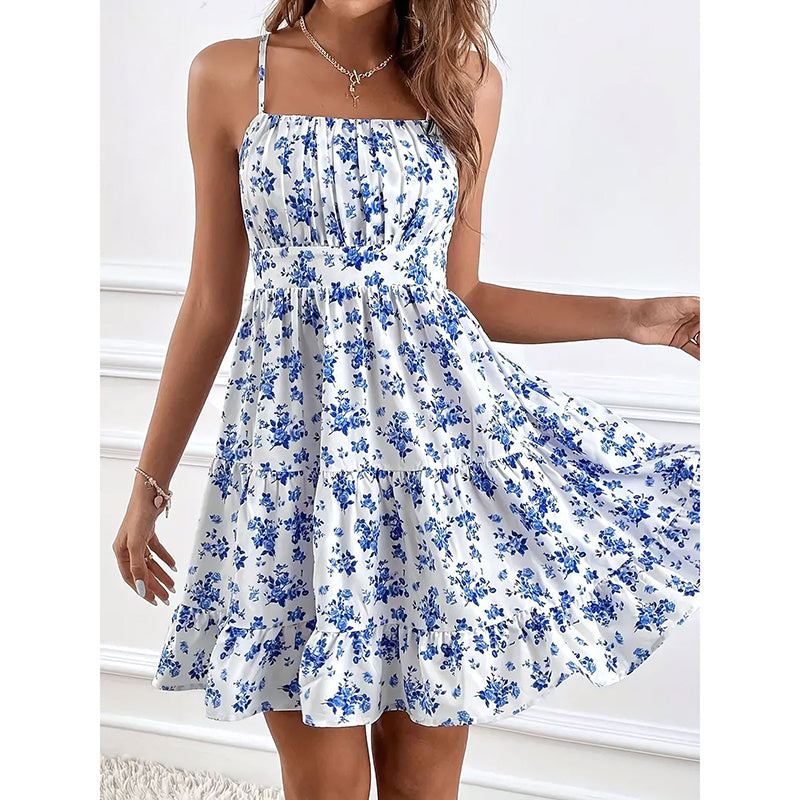Womens Summer Floral Print Smocked Mini Dress Sleeveless Spaghetti Strap Slim Fit Flowy Dresses CJ