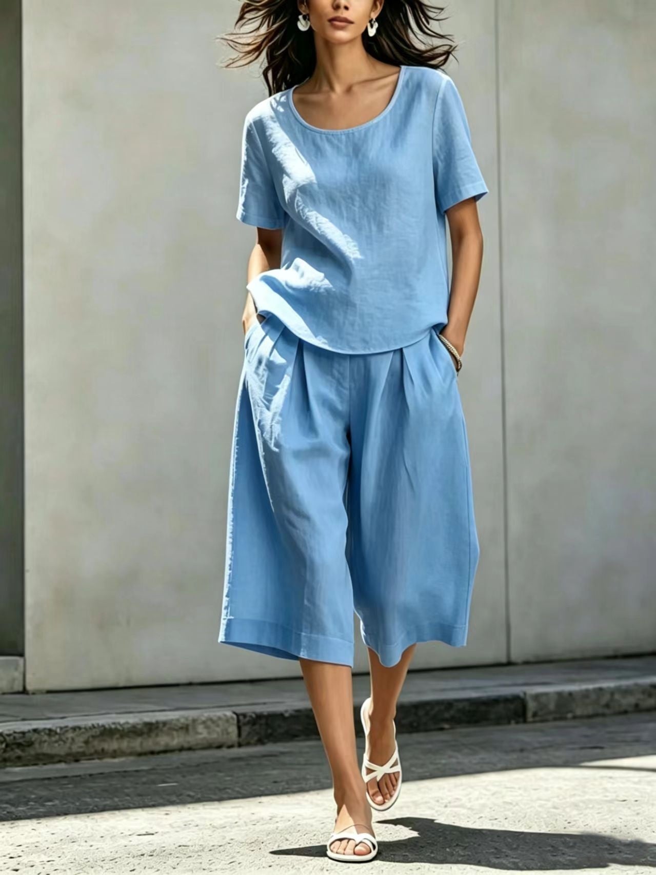 Cotton-linen Casual Loose-fitting Short-sleeve Top And Shorts Set 
