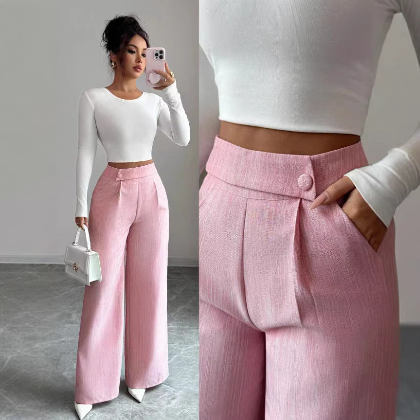 Womens Solid-color Casual All-match Long Pants With A Waist Panel Seam 