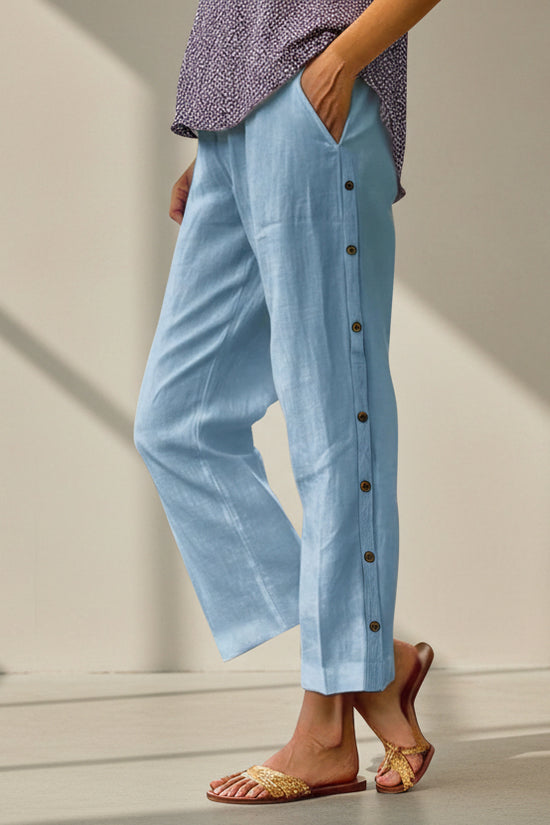 Cropped Pants With Decorative Buttons Along The Side Seams 