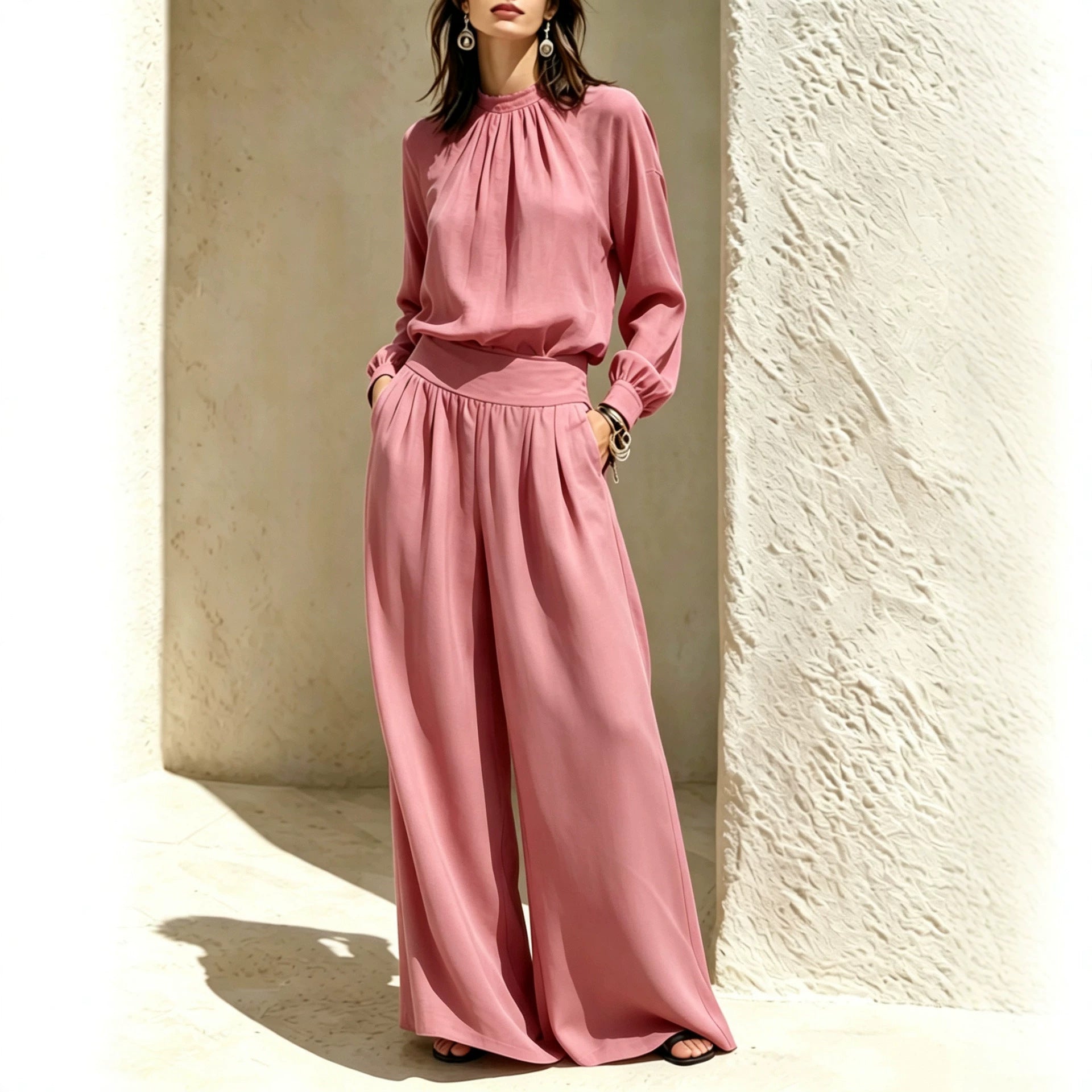 Casual Solid Color Long Sleeve Stand-up Collar Loose Fit Women's Fashion Set BlouseWide-leg Pants 