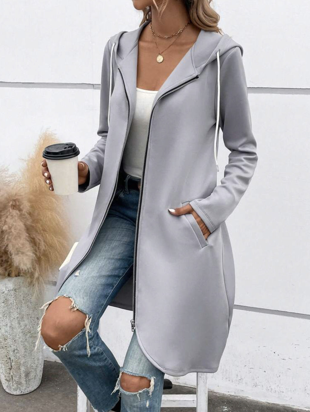 Personality Street Zip Hooded Long Velvet Lining Sweatshirt 