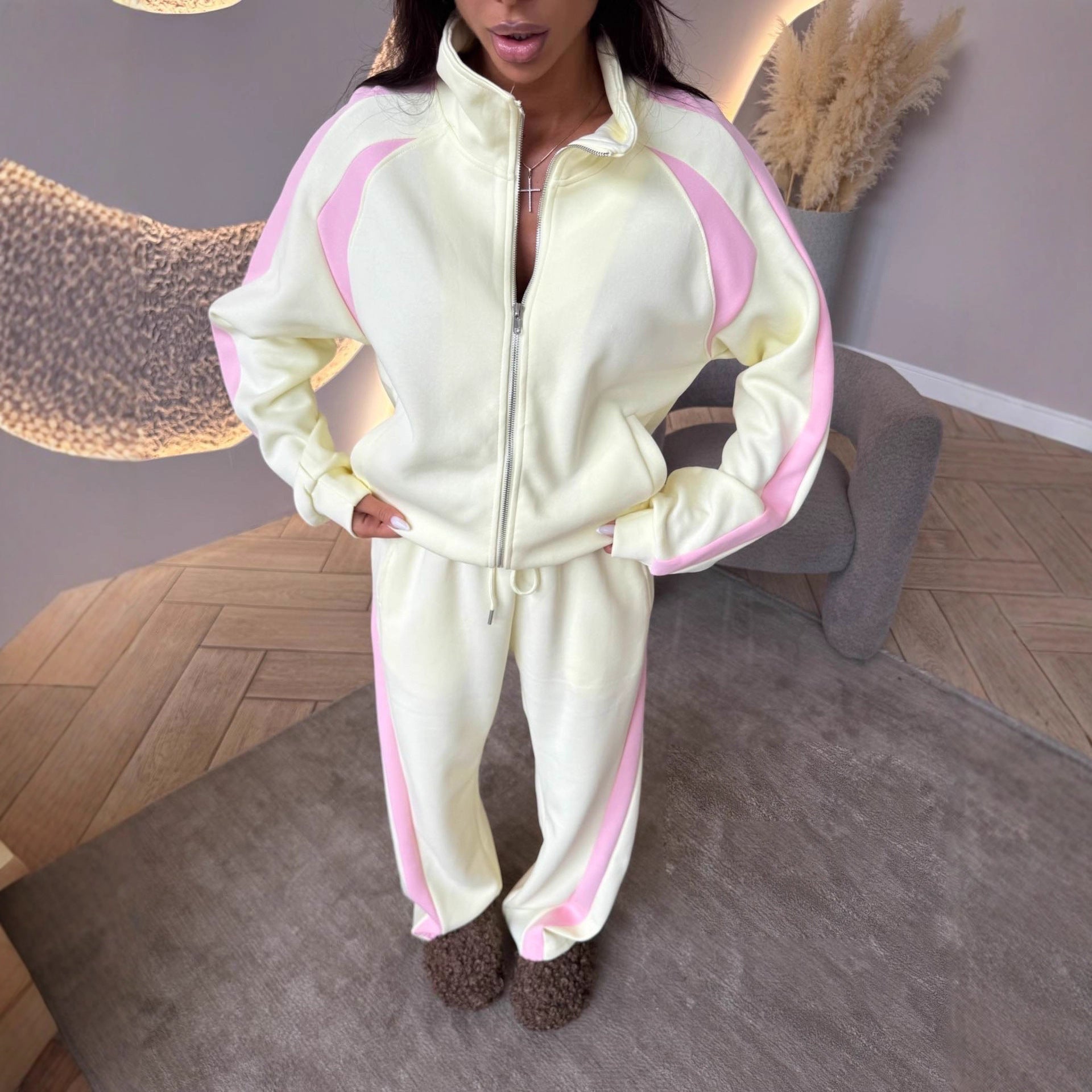 Womens Long-Sleeve Zip-Up Jacket And Sweatpants Two-Piece Set 