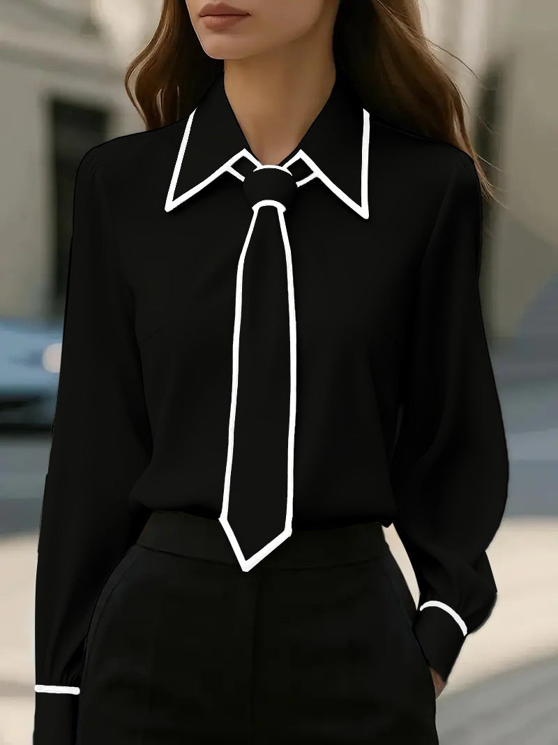 Autumn Fashion Solid Color Commute Tie Design Long Sleeve Shirt Women's Clothing 