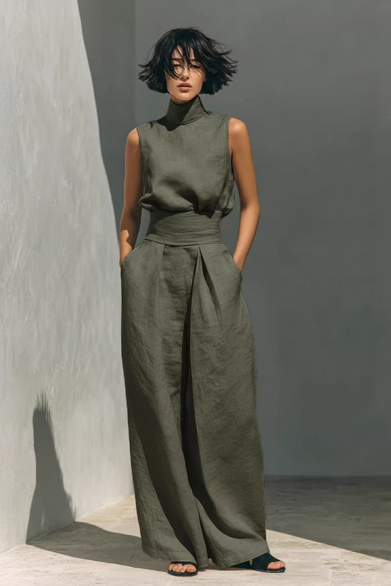Womens Cotton-Linen Blend Sleeveless Top And Wide-Leg Pants Set 